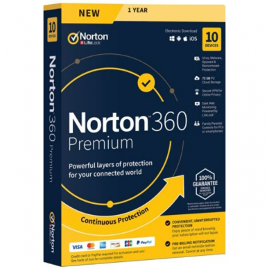 NORTON 360 PREMIUM, 10 Įrenginių 1 Metai. Nonsubscription